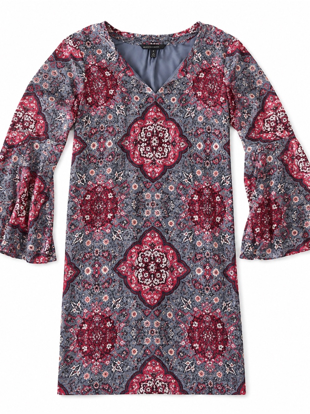 White House Black Market Floral Medallion Bell Sleeve Shift Dress M Boho